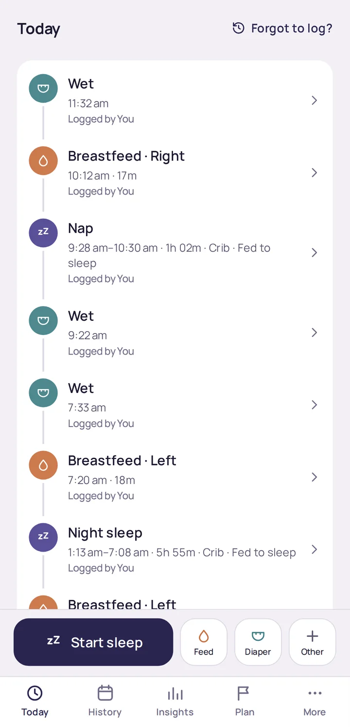 Today timeline with naps, feeds and diapers