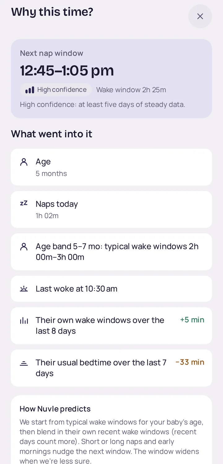 Why this time? screen listing what shaped the next nap window